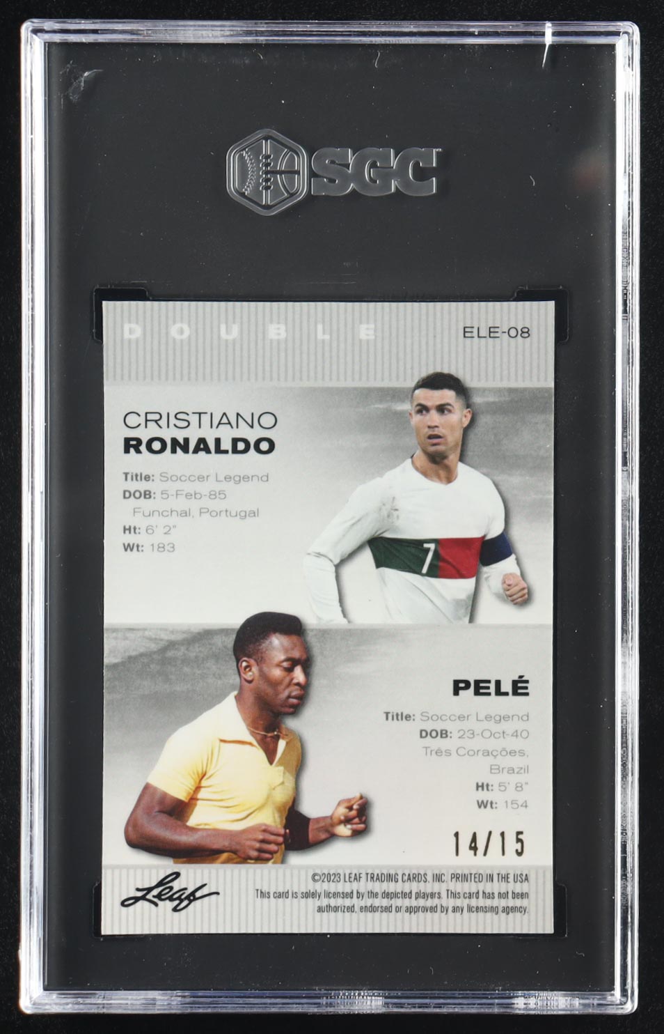 Cristiano Ronaldo / Pelé 2023 Leaf Metal Legends Exclusive Double Purple Wave #ELE08 #14/15 (SGC 9) at PristineAuction.com Cristiano Ronaldo / Pelé 2023 Leaf Metal Legends Exclusive Double Purple Wave #ELE08 #14/15 (SGC 9) at PristineAuction.com
