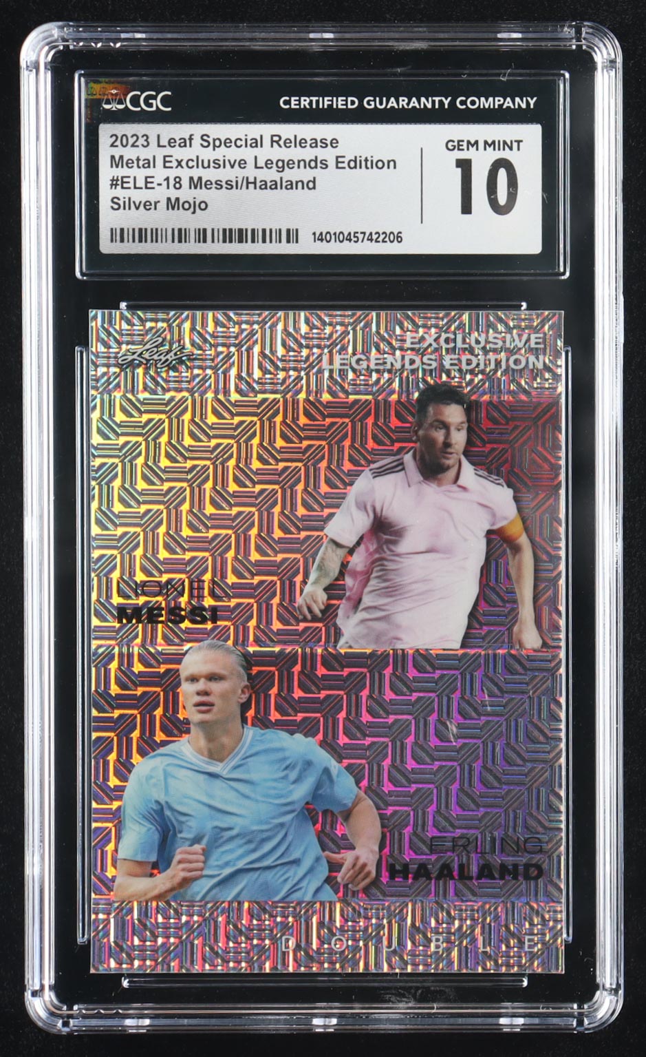Lionel Messi / Erling Haaland 2023 Leaf Metal Legends Exclusive Double Silver Mojo #ELE18 #15/25 (CGC 10) at PristineAuction.com Lionel Messi / Erling Haaland 2023 Leaf Metal Legends Exclusive Double Silver Mojo #ELE18 #15/25 (CGC 10) at PristineAuction.com