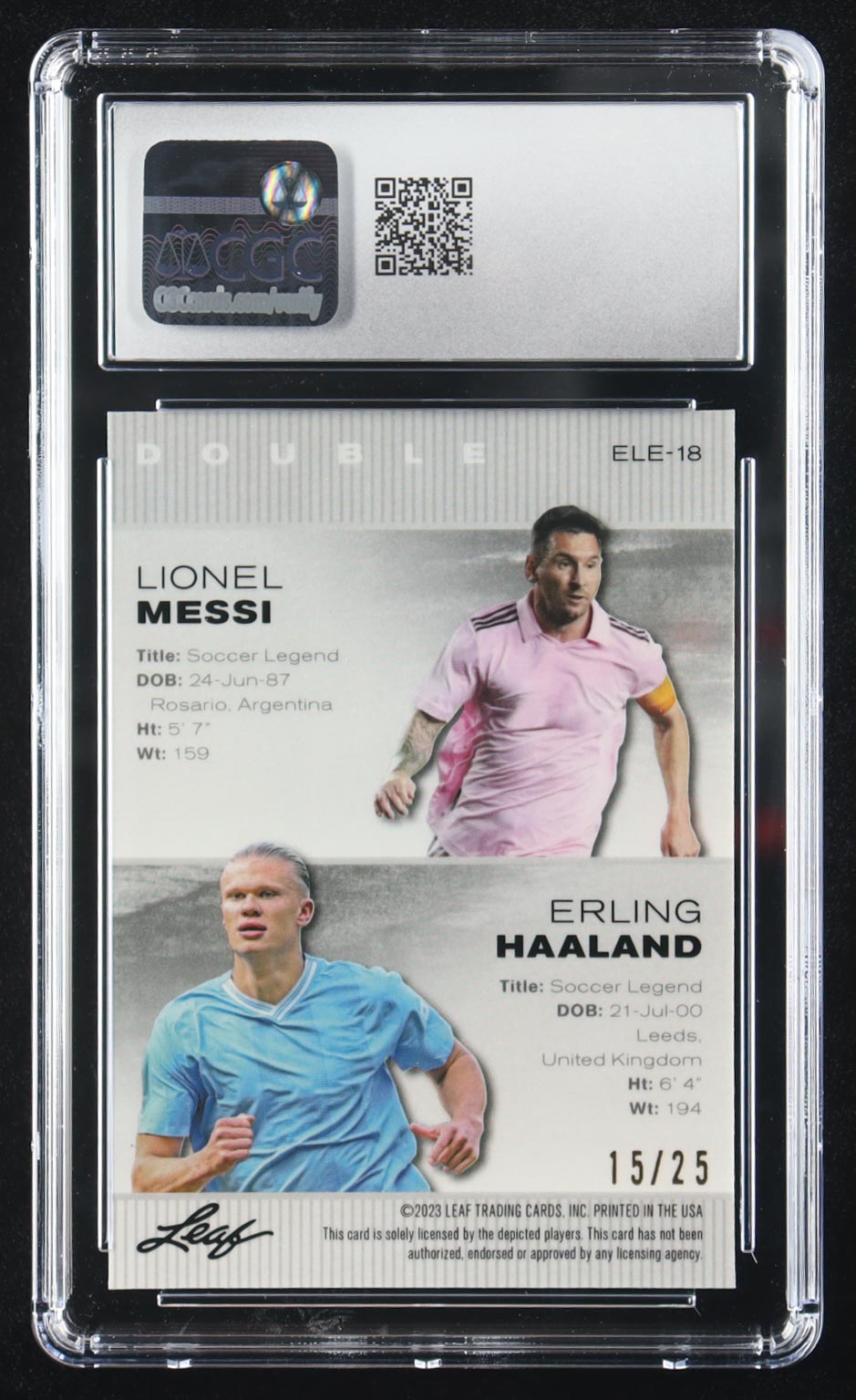Lionel Messi / Erling Haaland 2023 Leaf Metal Legends Exclusive Double Silver Mojo #ELE18 #15/25 (CGC 10) at PristineAuction.com Lionel Messi / Erling Haaland 2023 Leaf Metal Legends Exclusive Double Silver Mojo #ELE18 #15/25 (CGC 10) at PristineAuction.com