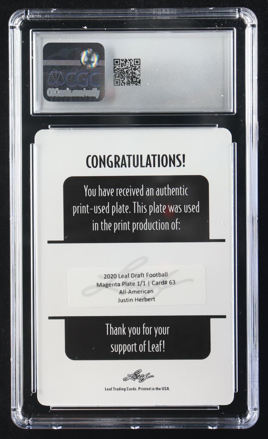 Justin Herbert 2020 Leaf Draft Printing Plates Magenta #63 #1/1 RC (CGC 8) at PristineAuction.com Justin Herbert 2020 Leaf Draft Printing Plates Magenta #63 #1/1 RC (CGC 8) at PristineAuction.com