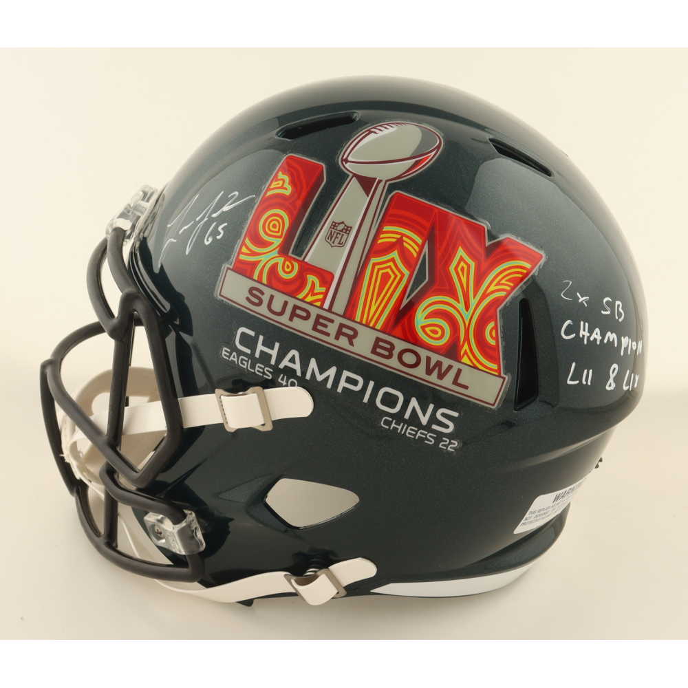Lane Johnson Signed Eagles Super Bowl LIX Champions Logo Full-Size Speed Helmet Inscribed "2X SB Champs LII & LIX" (PSA) at PristineAuction.com