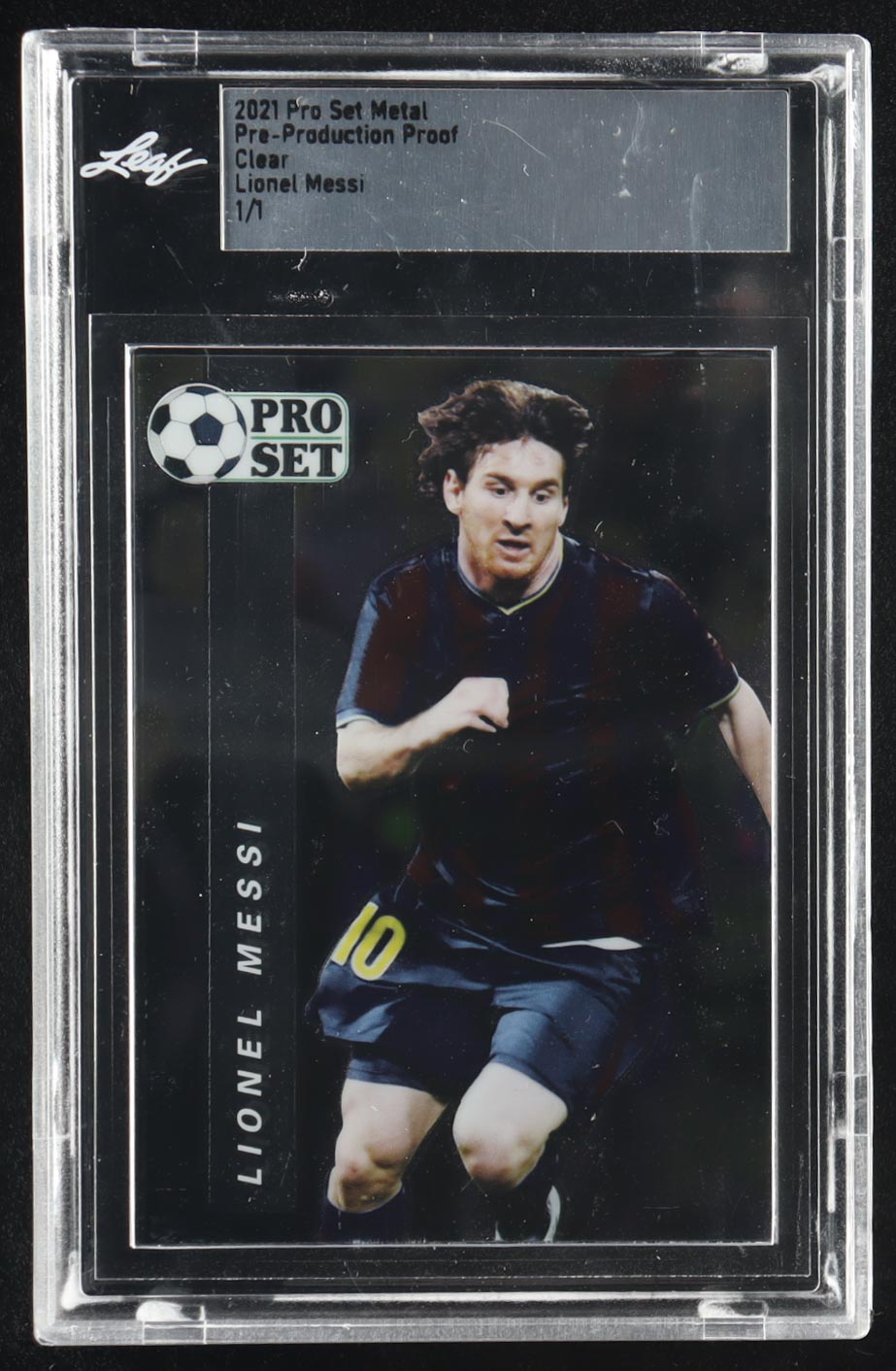 Lionel Messi 2021 Pro Set Metal Clear Pre-Production Proof #1/1 at PristineAuction.com Lionel Messi 2021 Pro Set Metal Clear Pre-Production Proof #1/1 at PristineAuction.com