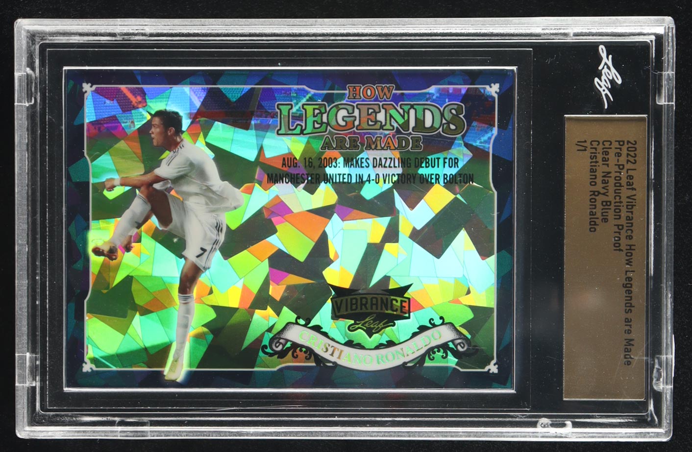 Cristiano Ronaldo 2022 Leaf Vibrance How Legends Are Made Clear Navy Blue #1/1 at PristineAuction.com Cristiano Ronaldo 2022 Leaf Vibrance How Legends Are Made Clear Navy Blue #1/1 at PristineAuction.com