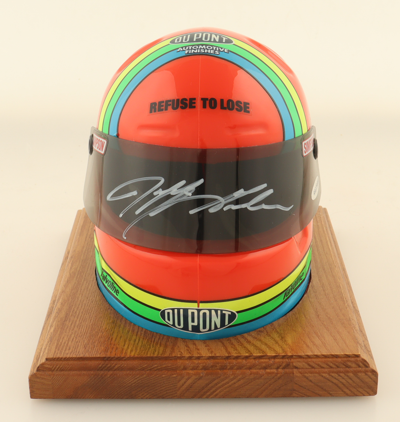 Jeff Gordon Signed Dupont Mini Racing Helmet With Display Base (UDA) at PristineAuction.com Jeff Gordon Signed Dupont Mini Racing Helmet With Display Base (UDA) at PristineAuction.com
