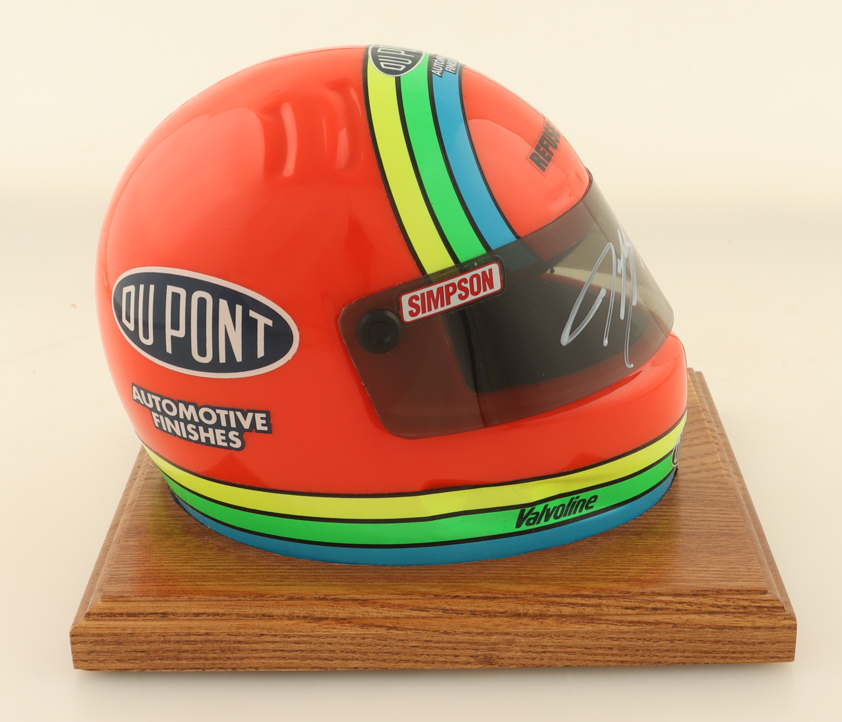 Jeff Gordon Signed Dupont Mini Racing Helmet With Display Base (UDA) at PristineAuction.com Jeff Gordon Signed Dupont Mini Racing Helmet With Display Base (UDA) at PristineAuction.com