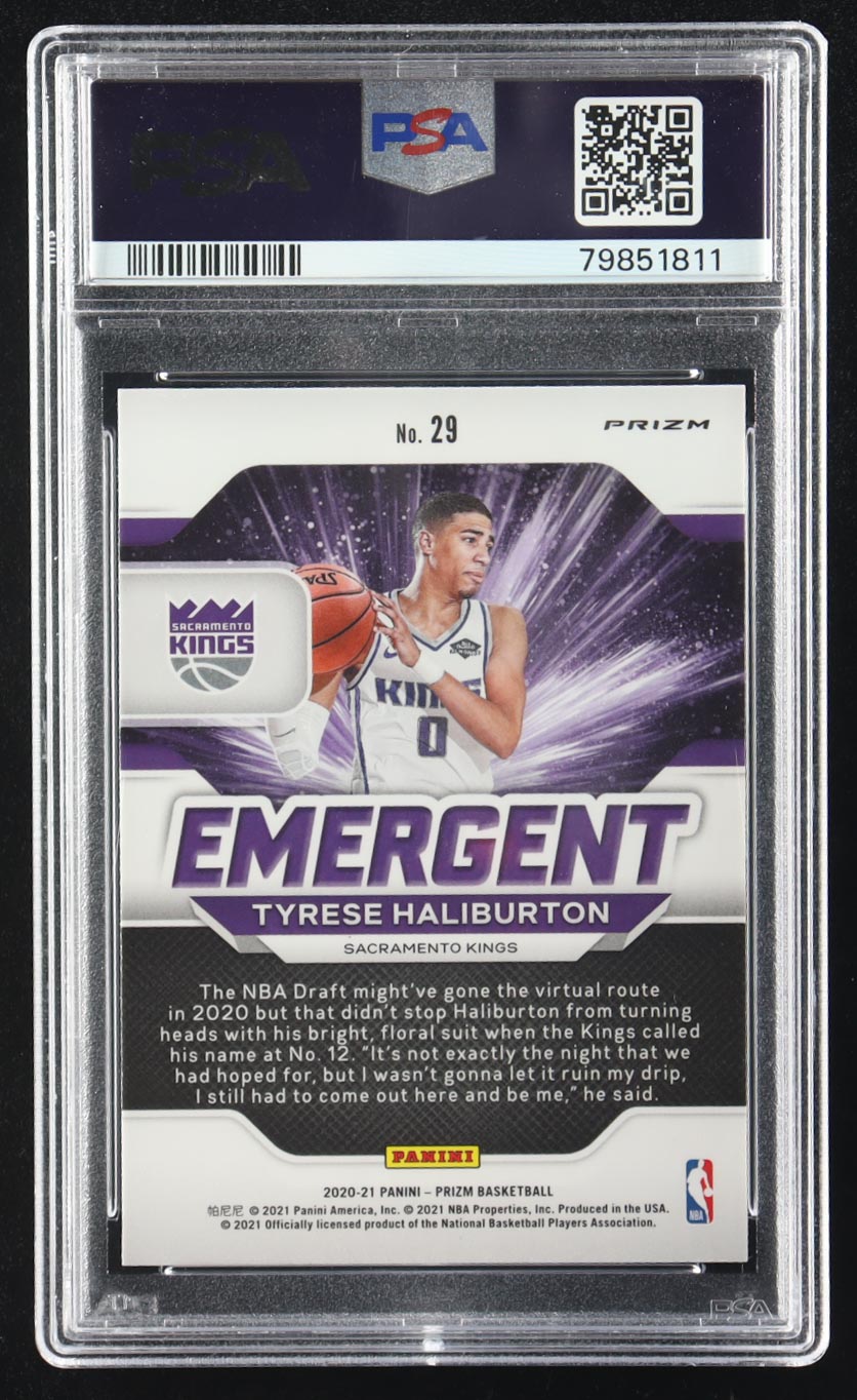 Tyrese Haliburton 2020-21 Panini Prizm Emergent Prizms Silver #29 RC (PSA 10) at PristineAuction.com Tyrese Haliburton 2020-21 Panini Prizm Emergent Prizms Silver #29 RC (PSA 10) at PristineAuction.com