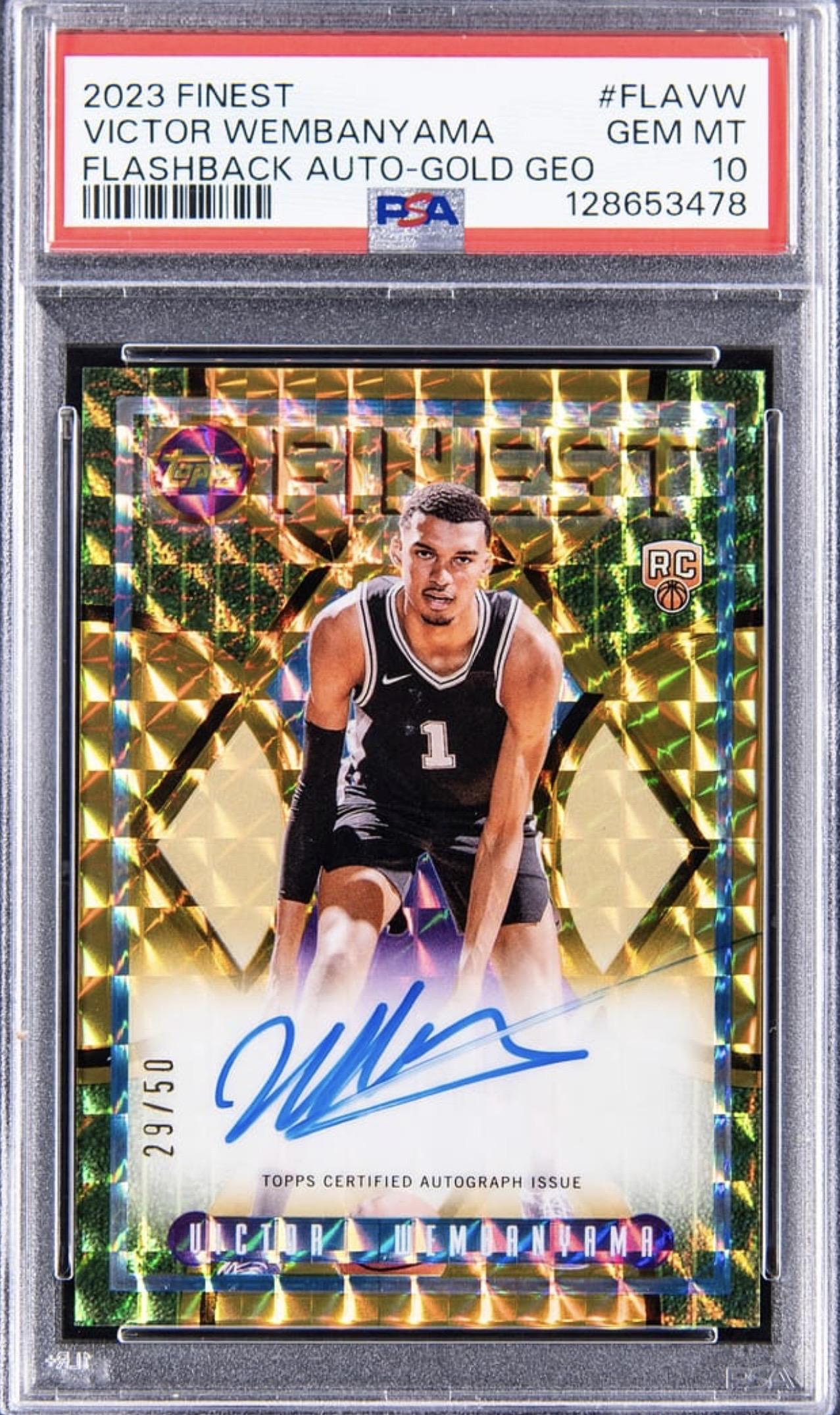 Victor Wembanyama 2023-24 Finest Flashback Autographs Gold Geometric Refractors #FLAVW RC #/50 (PSA 10) at PristineAuction.com Victor Wembanyama 2023-24 Finest Flashback Autographs Gold Geometric Refractors #FLAVW RC #/50 (PSA 10) at PristineAuction.com