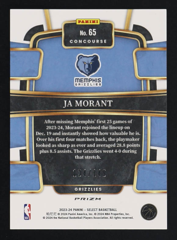 Ja Morant 2023-24 Select Panini White Prizm #65 #134/149 at PristineAuction.com Ja Morant 2023-24 Select Panini White Prizm #65 #134/149 at PristineAuction.com