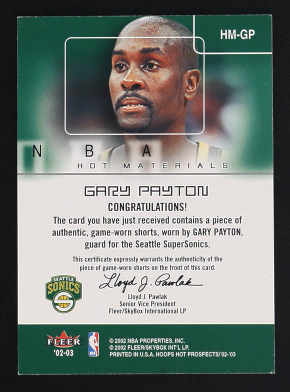 Gary Payton 2002-03 Fleer Hoops Hot Materials Hot Prospects Game-Worn Shorts Memorabilia #HM-GP at PristineAuction.com Gary Payton 2002-03 Fleer Hoops Hot Materials Hot Prospects Game-Worn Shorts Memorabilia #HM-GP at PristineAuction.com
