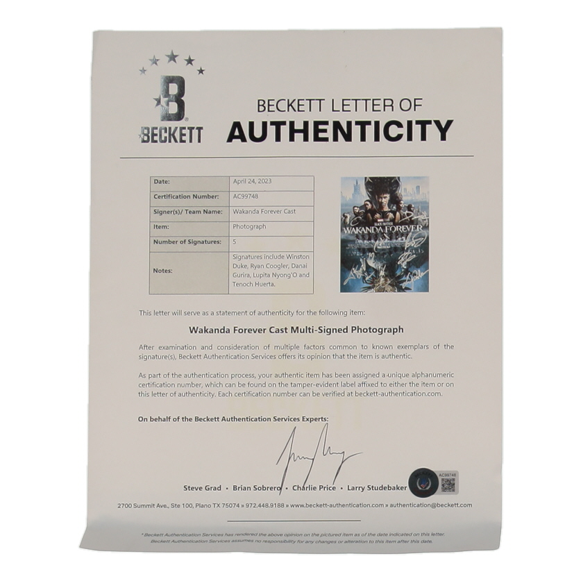 "Black Panther: Wakanda Forever" 8x10 Photo Signed by (5) with Winston Duke, Ryan Coogler, Danai Guiria, Lupita Nyong'O (Beckett) at PristineAuction.com "Black Panther: Wakanda Forever" 8x10 Photo Signed by (5) with Winston Duke, Ryan Coogler, Danai Guiria, Lupita Nyong'O (Beckett) at PristineAuction.com