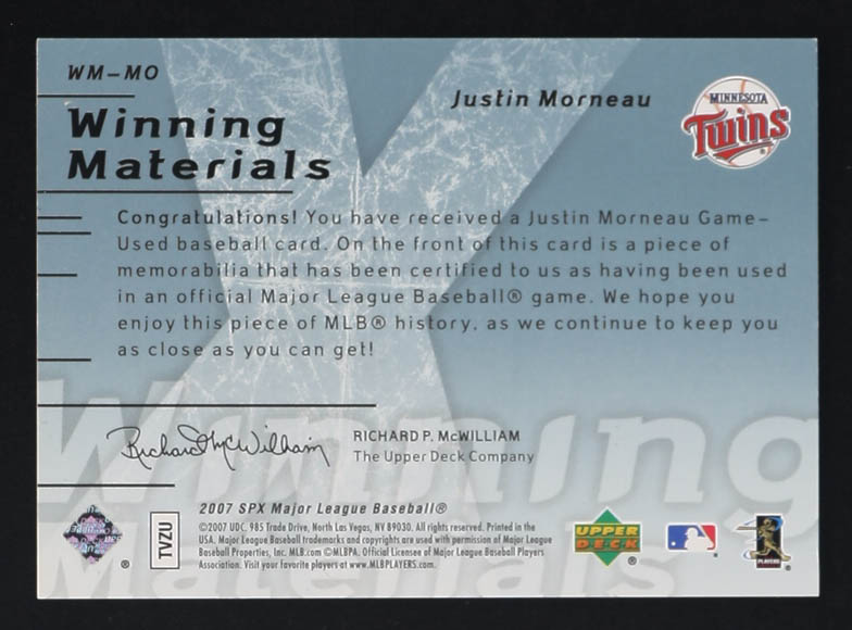 Justin Morneau 2007 SPX Winning Materials Memorabilia #WM-MO #037/175 at PristineAuction.com Justin Morneau 2007 SPX Winning Materials Memorabilia #WM-MO #037/175 at PristineAuction.com