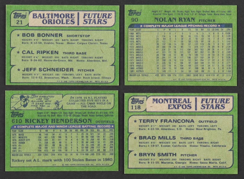 1982 Topps Baseball Complete Set of (792) Cards with Bob Bonner RC / Cal Ripken RC / Jeff Schneider RC #21, Nolan Ryan #90, Rickey Henderson #610, Dave Stewart #213 RC at PristineAuction.com 1982 Topps Baseball Complete Set of (792) Cards with Bob Bonner RC / Cal Ripken RC / Jeff Schneider RC #21, Nolan Ryan #90, Rickey Henderson #610, Dave Stewart #213 RC at PristineAuction.com