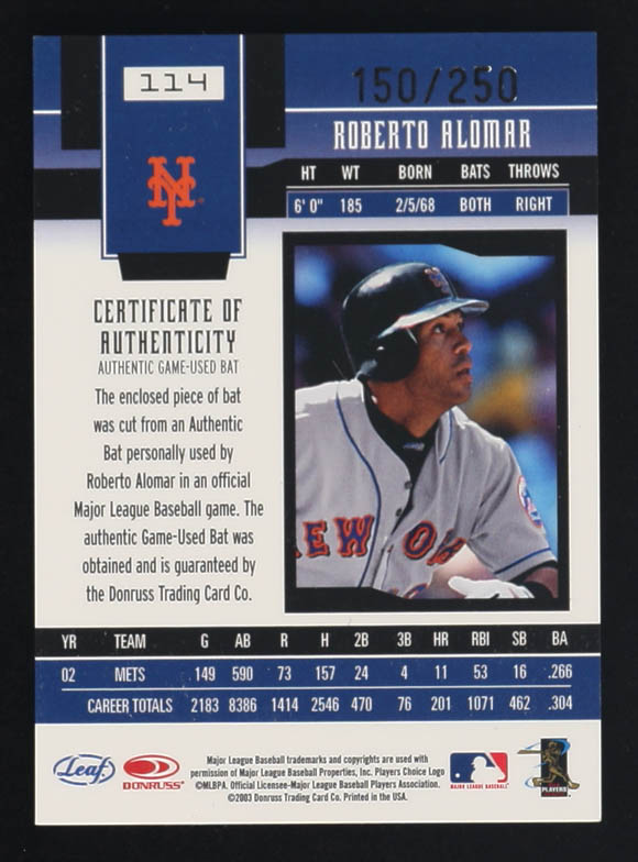 Roberto Alomar 2003 Leaf Certified Materials Mirror Red Authentic Game-Used Bat Memorabilia #114 #150/250 at PristineAuction.com Roberto Alomar 2003 Leaf Certified Materials Mirror Red Authentic Game-Used Bat Memorabilia #114 #150/250 at PristineAuction.com