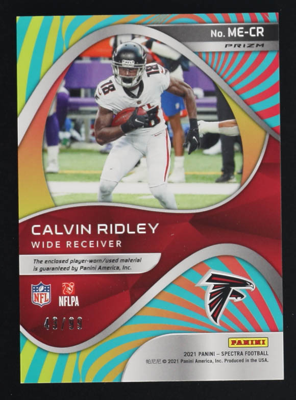 Calvin Ridley 2021 Panini Spectra Mesmerizing Player-Worn Material Memorabilia #ME-CR #43/99 at PristineAuction.com Calvin Ridley 2021 Panini Spectra Mesmerizing Player-Worn Material Memorabilia #ME-CR #43/99 at PristineAuction.com