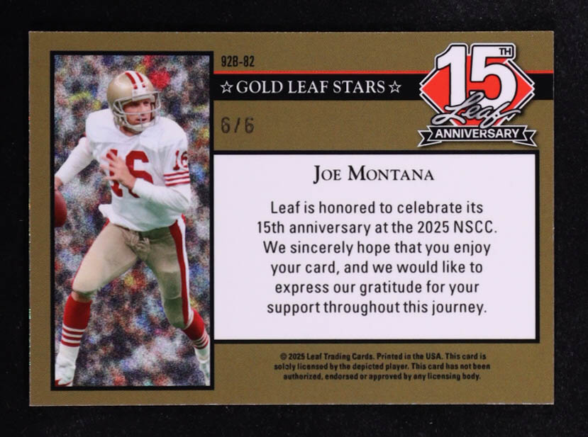Joe Montana 2025 Leaf 15th Anniversary Gold Leaf Stars '92 Green Shimmer #92B82 #6/6 at PristineAuction.com Joe Montana 2025 Leaf 15th Anniversary Gold Leaf Stars '92 Green Shimmer #92B82 #6/6 at PristineAuction.com