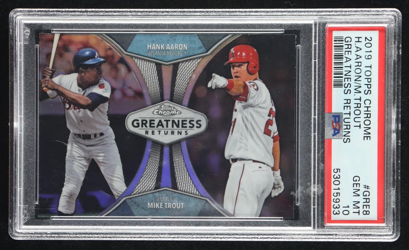 Hank Aaron / Mike Trout 2019 Topps Chrome Greatness Returns #GRE8 (PSA 10) at PristineAuction.com Hank Aaron / Mike Trout 2019 Topps Chrome Greatness Returns #GRE8 (PSA 10) at PristineAuction.com