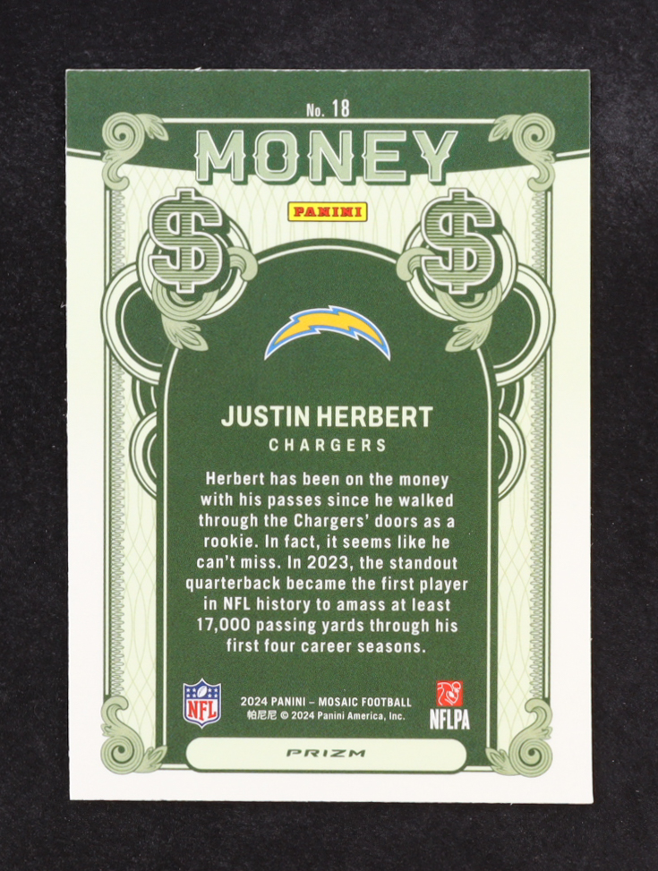 Justin Herbert 2024 Panini Mosaic Money #18 at PristineAuction.com Justin Herbert 2024 Panini Mosaic Money #18 at PristineAuction.com