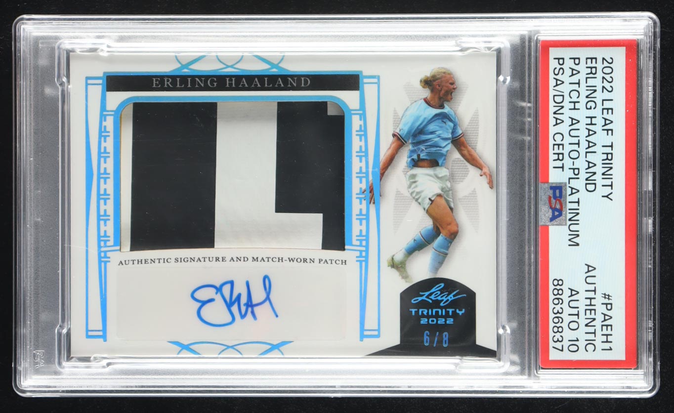Erling Haaland 2022 Leaf Trinity Soccer Match Worn Patch Autographs Platinum #PAEH1 #6/8 (PSA Authentic | Auto Grade 10) at PristineAuction.com Erling Haaland 2022 Leaf Trinity Soccer Match Worn Patch Autographs Platinum #PAEH1 #6/8 (PSA Authentic | Auto Grade 10) at PristineAuction.com