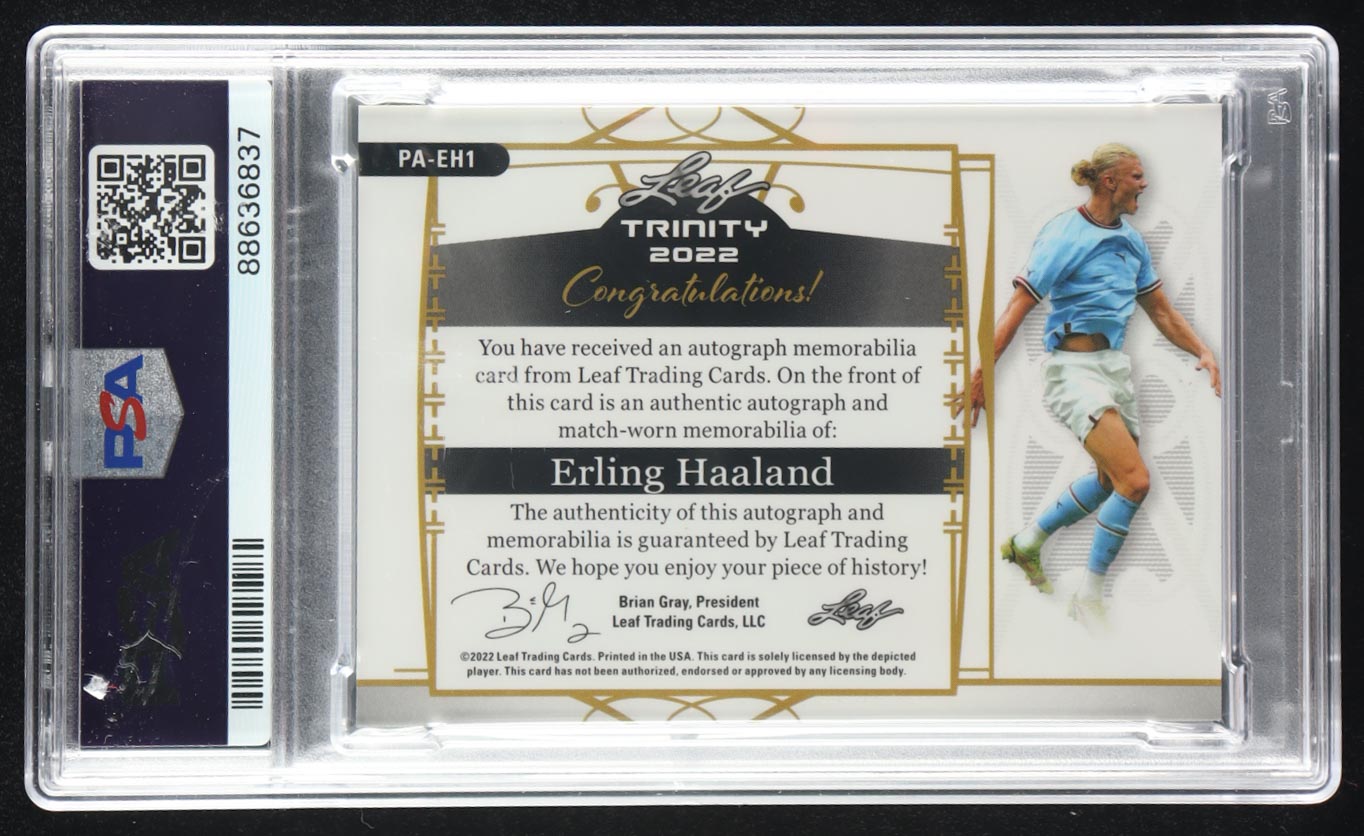 Erling Haaland 2022 Leaf Trinity Soccer Match Worn Patch Autographs Platinum #PAEH1 #6/8 (PSA Authentic | Auto Grade 10) at PristineAuction.com Erling Haaland 2022 Leaf Trinity Soccer Match Worn Patch Autographs Platinum #PAEH1 #6/8 (PSA Authentic | Auto Grade 10) at PristineAuction.com