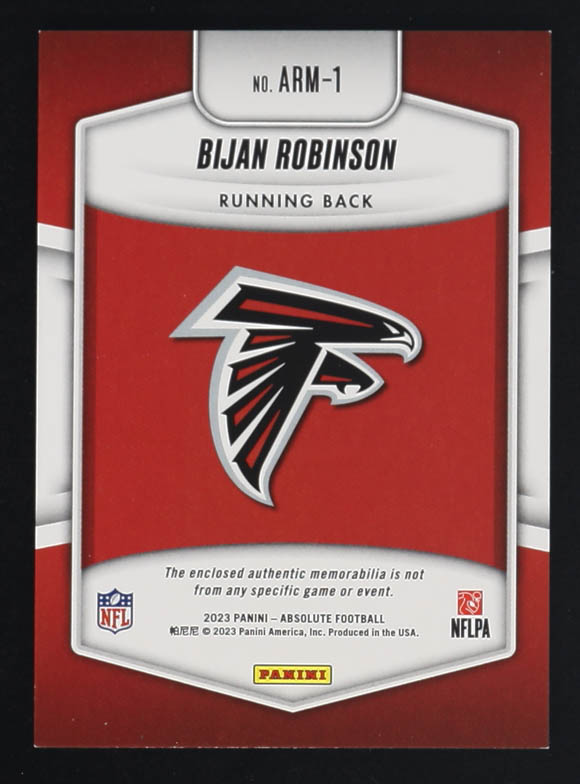 Bijan Robinson 2023 Panini Absolute Memorabilia Rookie Materials #ARM-1 RC at PristineAuction.com Bijan Robinson 2023 Panini Absolute Memorabilia Rookie Materials #ARM-1 RC at PristineAuction.com