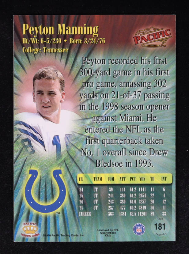 Peyton Manning 1998 Pacific #181 RC at PristineAuction.com Peyton Manning 1998 Pacific #181 RC at PristineAuction.com