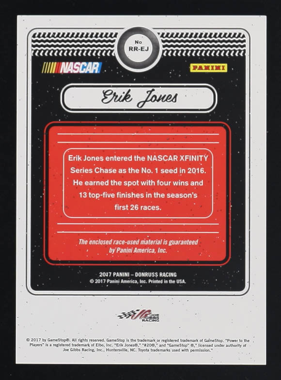 Erik Jones 2017 Panini Donruss Rubber Relics Memorabilia #RR-EJ at PristineAuction.com Erik Jones 2017 Panini Donruss Rubber Relics Memorabilia #RR-EJ at PristineAuction.com