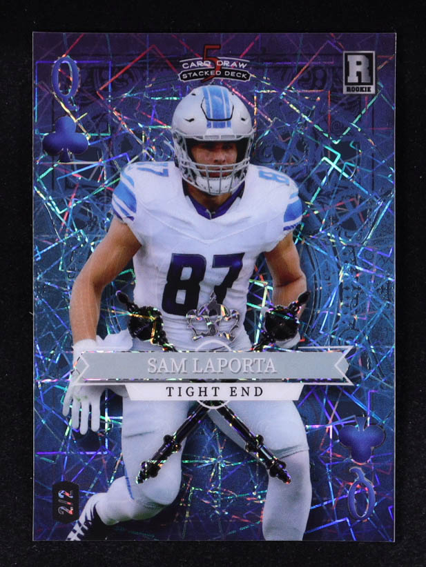 Sam LaPorta 2023 Wild Card 5 Card Draw Stacked Deck Queen of Clubs Lazer Blue #SDSL RC #2/2 at PristineAuction.com Sam LaPorta 2023 Wild Card 5 Card Draw Stacked Deck Queen of Clubs Lazer Blue #SDSL RC #2/2 at PristineAuction.com