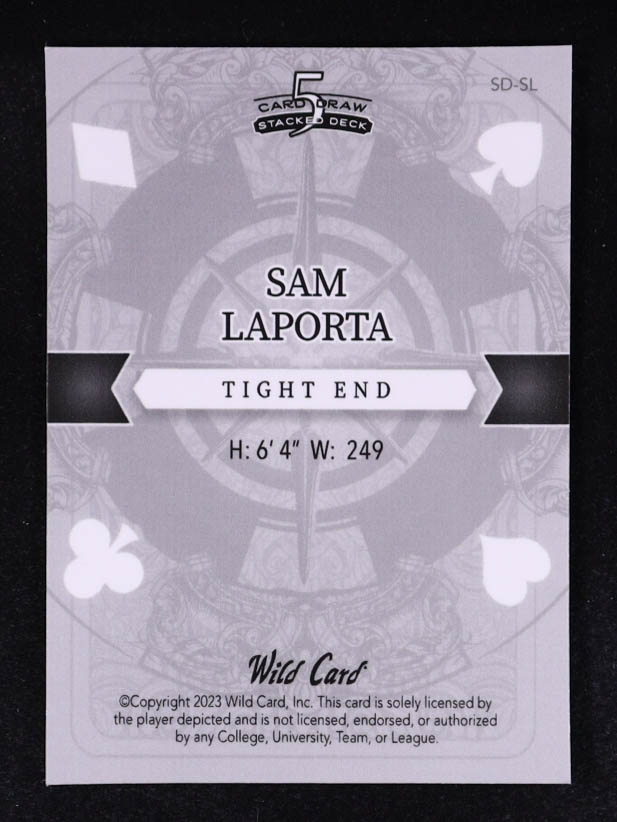 Sam LaPorta 2023 Wild Card 5 Card Draw Stacked Deck Queen of Clubs Lazer Blue #SDSL RC #2/2 at PristineAuction.com Sam LaPorta 2023 Wild Card 5 Card Draw Stacked Deck Queen of Clubs Lazer Blue #SDSL RC #2/2 at PristineAuction.com
