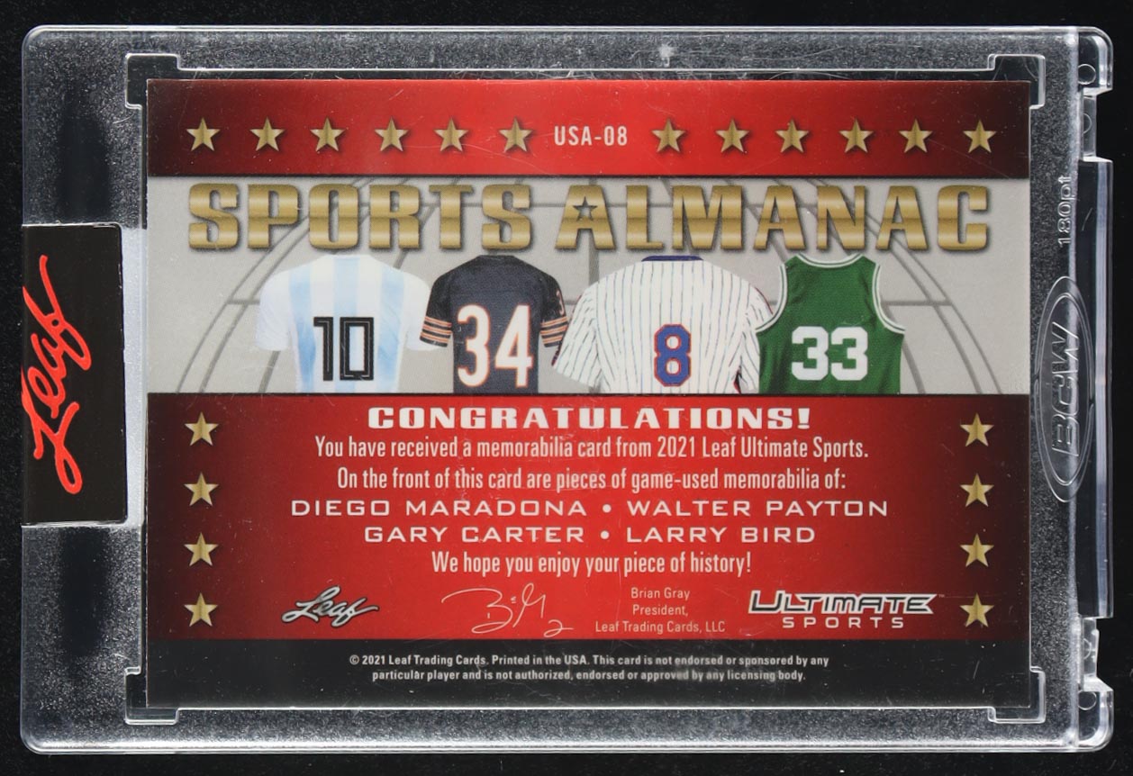 Diego Maradona / Walter Payton / Gary Carter / Larry Bird 2021 Leaf Ultimate Sports Sports Almanac Relics Bronze Emerald #USA08 #4/4 at PristineAuction.com Diego Maradona / Walter Payton / Gary Carter / Larry Bird 2021 Leaf Ultimate Sports Sports Almanac Relics Bronze Emerald #USA08 #4/4 at PristineAuction.com
