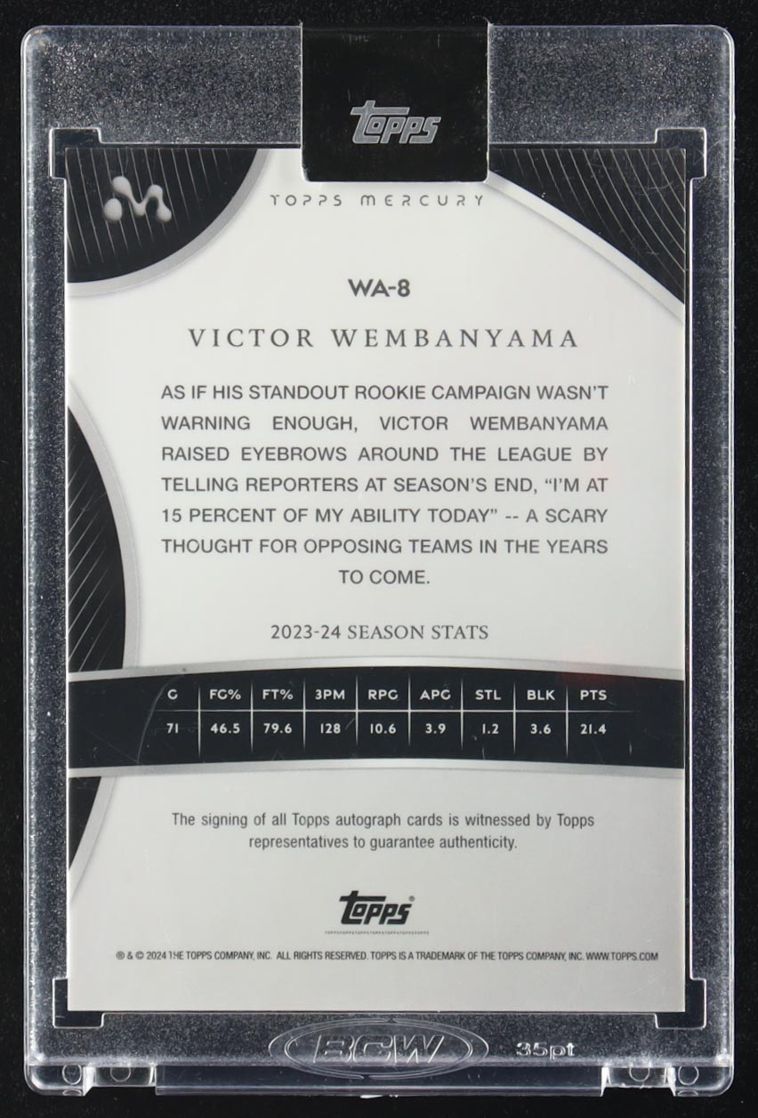 Victor Wembanyama 2023-24 Topps Mercury Victor Wembanyama Autographs Blue Refractors #WA8 #7/75 RC at PristineAuction.com Victor Wembanyama 2023-24 Topps Mercury Victor Wembanyama Autographs Blue Refractors #WA8 #7/75 RC at PristineAuction.com