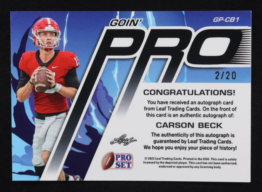 Carson Beck 2023 Leaf Pro Set Goin' Pro Blue Autographs #GPCB1 #2/20 RC at PristineAuction.com Carson Beck 2023 Leaf Pro Set Goin' Pro Blue Autographs #GPCB1 #2/20 RC at PristineAuction.com
