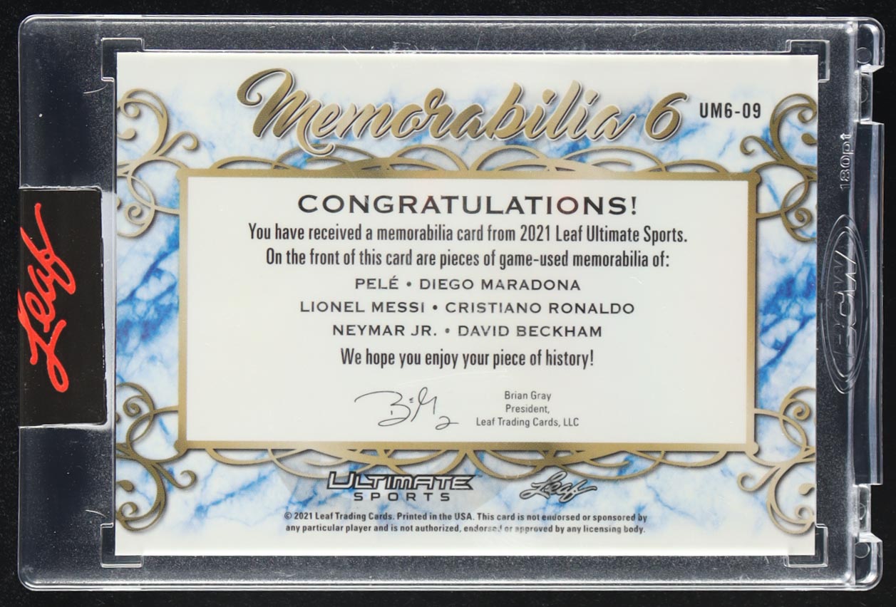Pelé / Diego Maradona / Lionel Messi / Cristiano Ronaldo / Neymar Jr. / David Beckham 2021 Leaf Ultimate Sports Ultimate Memorabilia 6 Platinum Spectrum #UM609 #3/6 at PristineAuction.com Pelé / Diego Maradona / Lionel Messi / Cristiano Ronaldo / Neymar Jr. / David Beckham 2021 Leaf Ultimate Sports Ultimate Memorabilia 6 Platinum Spectrum #UM609 #3/6 at PristineAuction.com