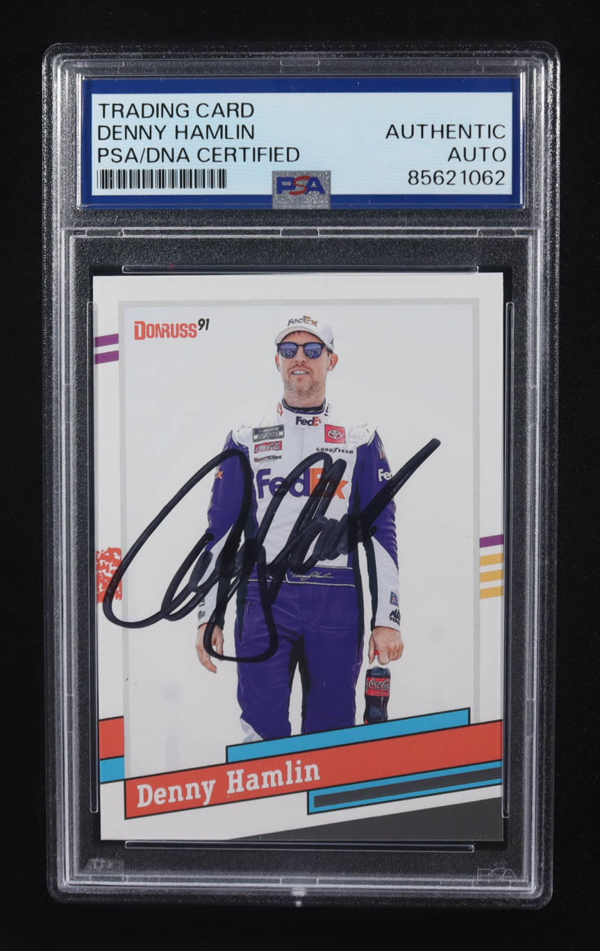 Denny Hamlin Signed 2024 Panini Donruss Racing #136 (PSA) at PristineAuction.com Denny Hamlin Signed 2024 Panini Donruss Racing #136 (PSA) at PristineAuction.com