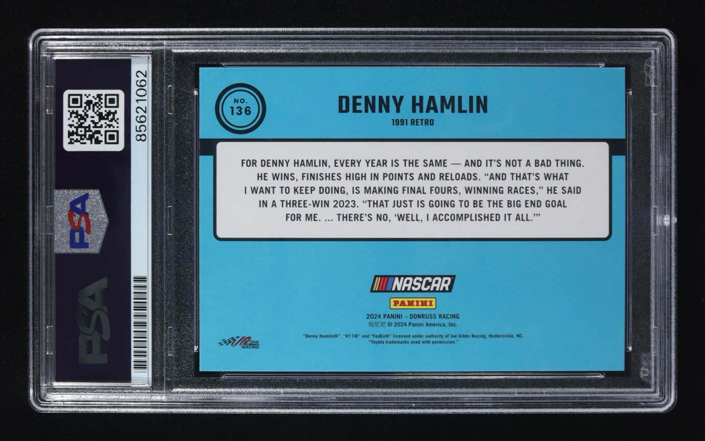 Denny Hamlin Signed 2024 Panini Donruss Racing #136 (PSA) at PristineAuction.com Denny Hamlin Signed 2024 Panini Donruss Racing #136 (PSA) at PristineAuction.com