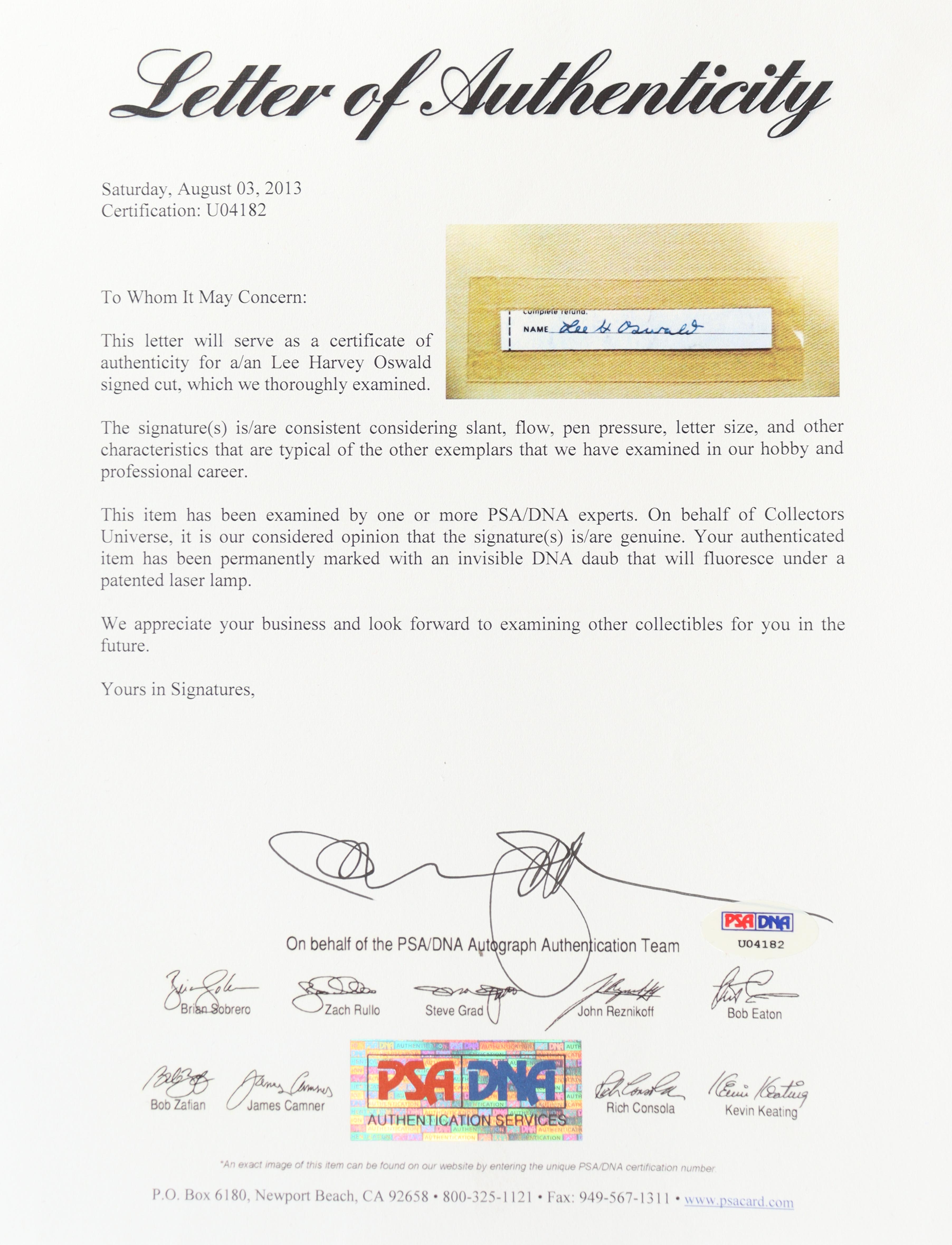 Lee Harvey Oswald Signed Cut (Beckett) at PristineAuction.com Lee Harvey Oswald Signed Cut (Beckett) at PristineAuction.com