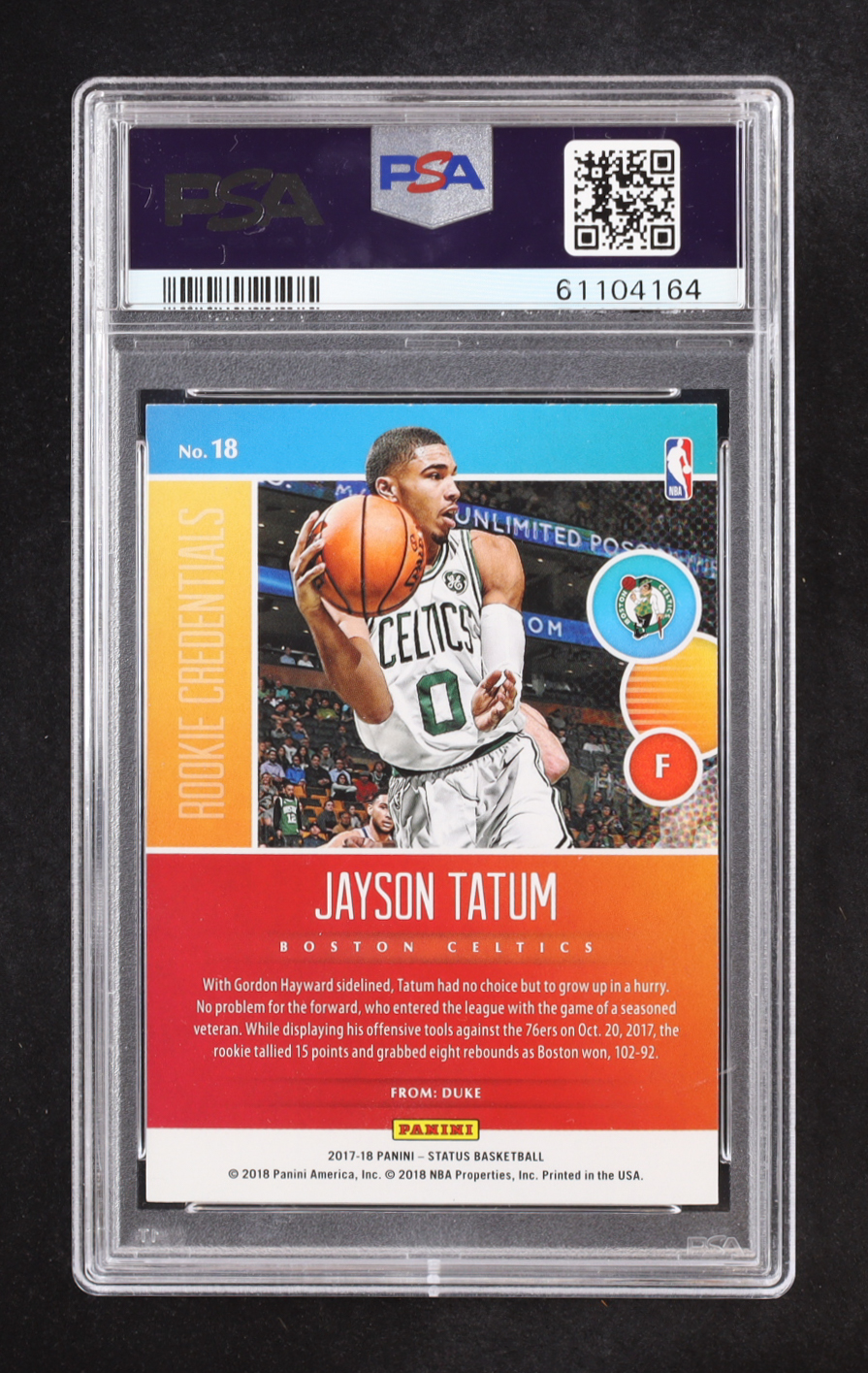 Jayson Tatum 2017-18 Panini Status Rookie Credentials #18 RC (PSA 9) at PristineAuction.com Jayson Tatum 2017-18 Panini Status Rookie Credentials #18 RC (PSA 9) at PristineAuction.com