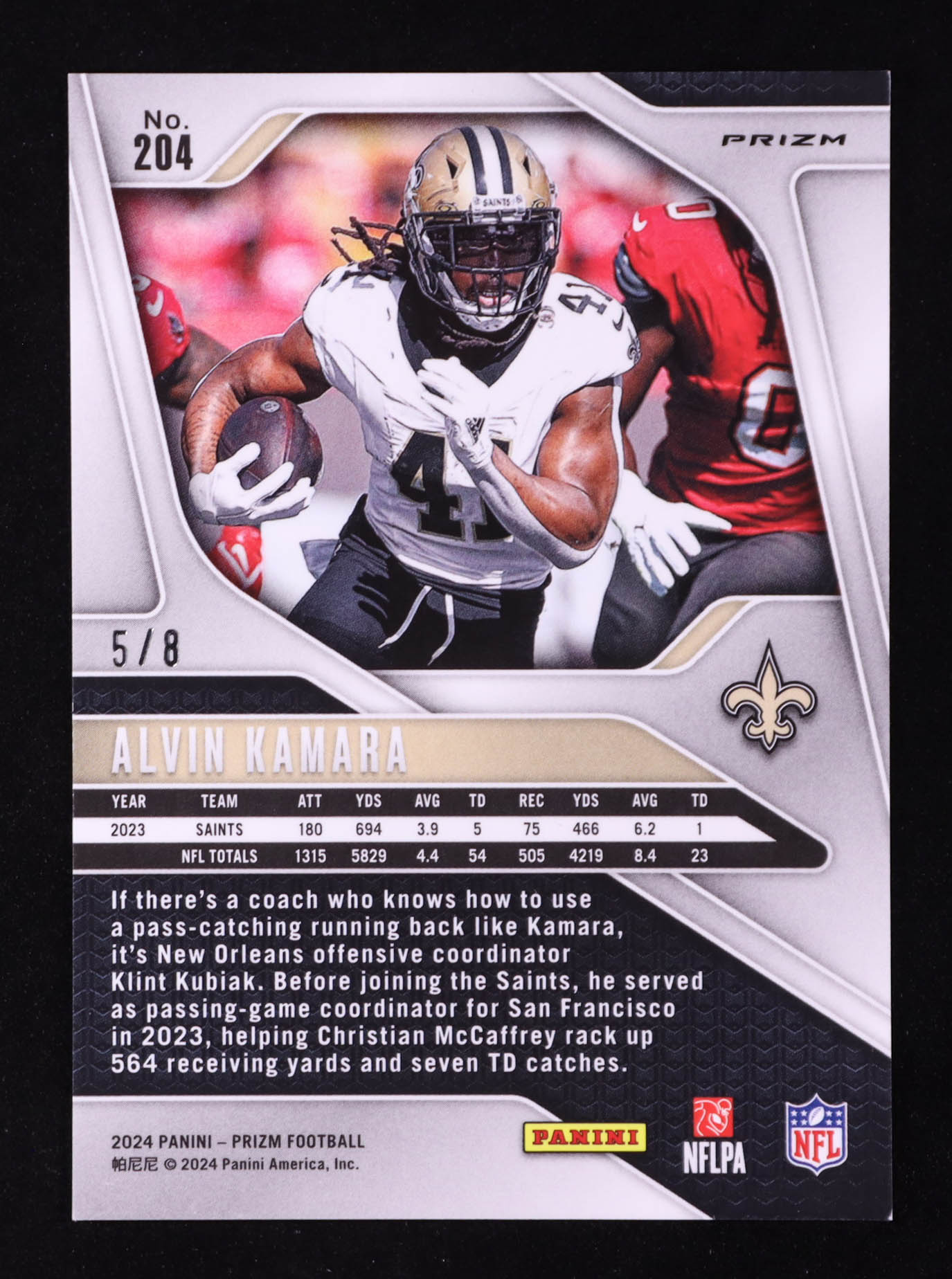 Alvin Kamara 2024 Panini Prizm Prizms Green Sparkle #204 #5/8 at PristineAuction.com Alvin Kamara 2024 Panini Prizm Prizms Green Sparkle #204 #5/8 at PristineAuction.com