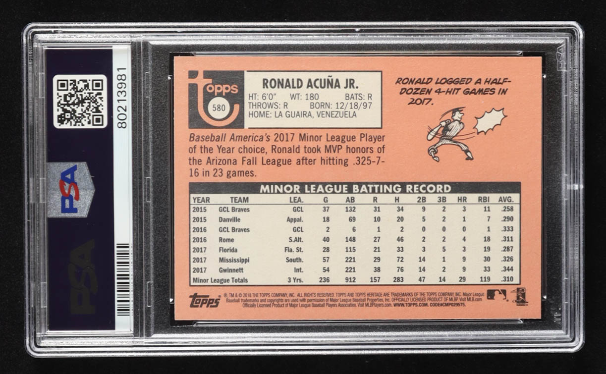 Ronald Acuna 2018 Topps Heritage #580 RC (PSA 9) at PristineAuction.com Ronald Acuna 2018 Topps Heritage #580 RC (PSA 9) at PristineAuction.com
