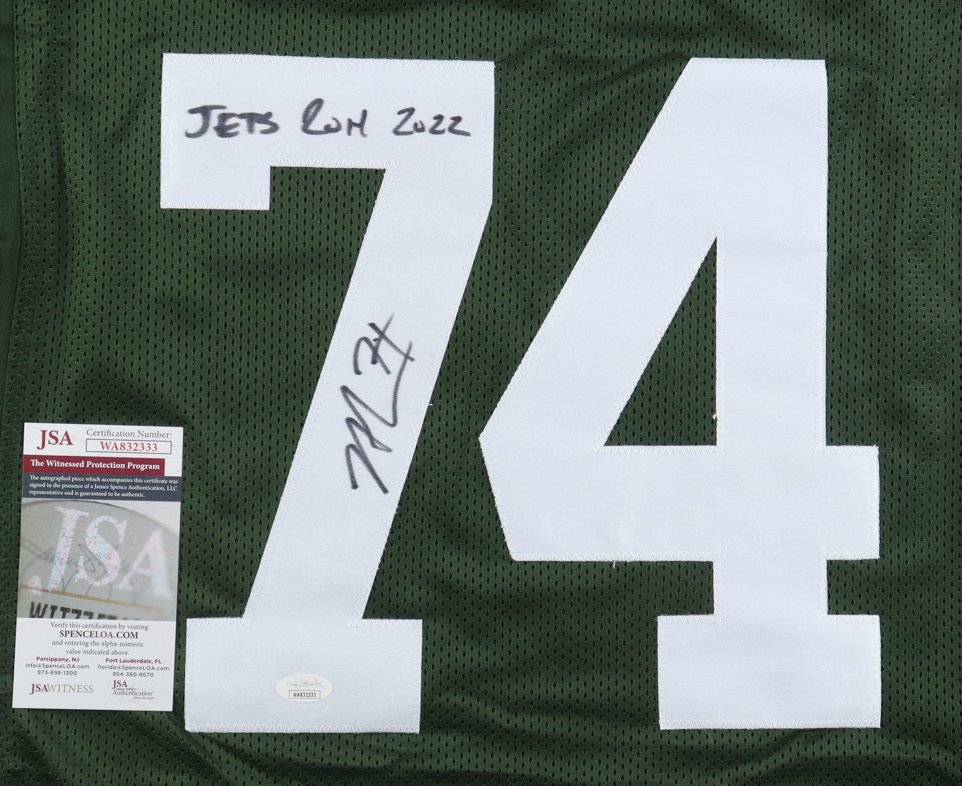 Nick Mangold Signed Jersey Inscribed "JETS ROH 2022" (JSA) at PristineAuction.com Nick Mangold Signed Jersey Inscribed "JETS ROH 2022" (JSA) at PristineAuction.com
