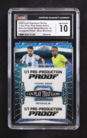 Lionel Messi / Neymar Jr. 2025 Leaf Signature Series 2 Can Play That Game Shimmer Blue Pre-Production Proof #NNO #1/1 (CGC 10) at PristineAuction.com