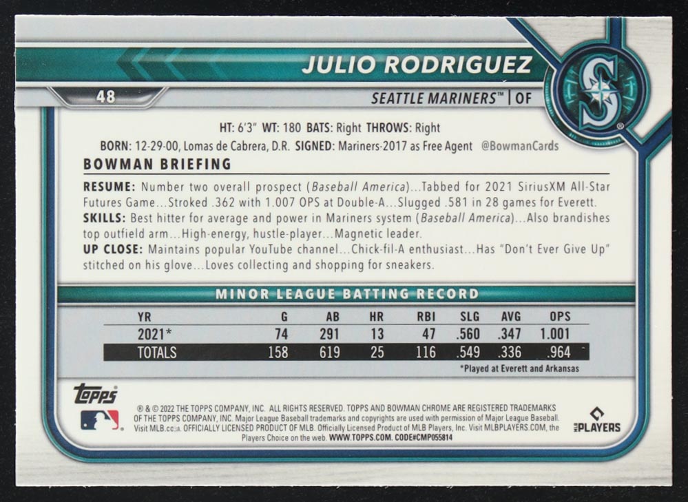 Julio Rodriguez 2022 Bowman Chrome #48 RC at PristineAuction.com Julio Rodriguez 2022 Bowman Chrome #48 RC at PristineAuction.com