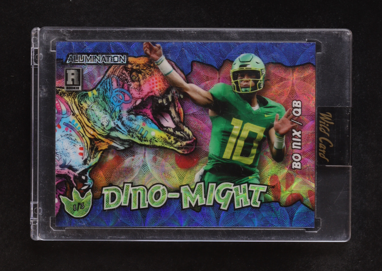 Bo Nix 2023 Wild Card Alumination Dino-Might T-Rex Kaleidoscope Blue #ADBN1 #1/3 at PristineAuction.com Bo Nix 2023 Wild Card Alumination Dino-Might T-Rex Kaleidoscope Blue #ADBN1 #1/3 at PristineAuction.com