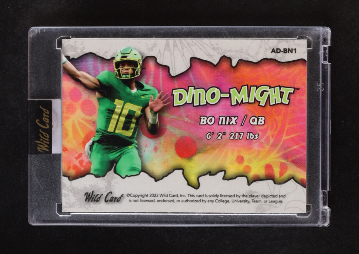 Bo Nix 2023 Wild Card Alumination Dino-Might T-Rex Kaleidoscope Blue #ADBN1 #1/3 at PristineAuction.com Bo Nix 2023 Wild Card Alumination Dino-Might T-Rex Kaleidoscope Blue #ADBN1 #1/3 at PristineAuction.com