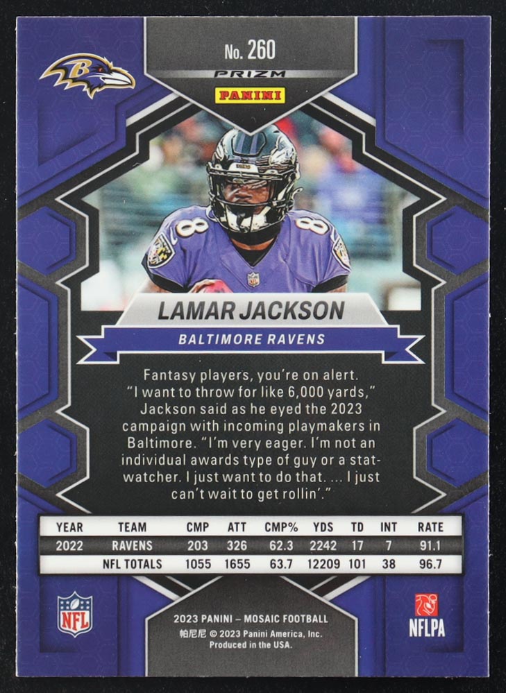 Lamar Jackson 2023 Panini Mosaic National Pride Silver Prizm #260 at PristineAuction.com Lamar Jackson 2023 Panini Mosaic National Pride Silver Prizm #260 at PristineAuction.com