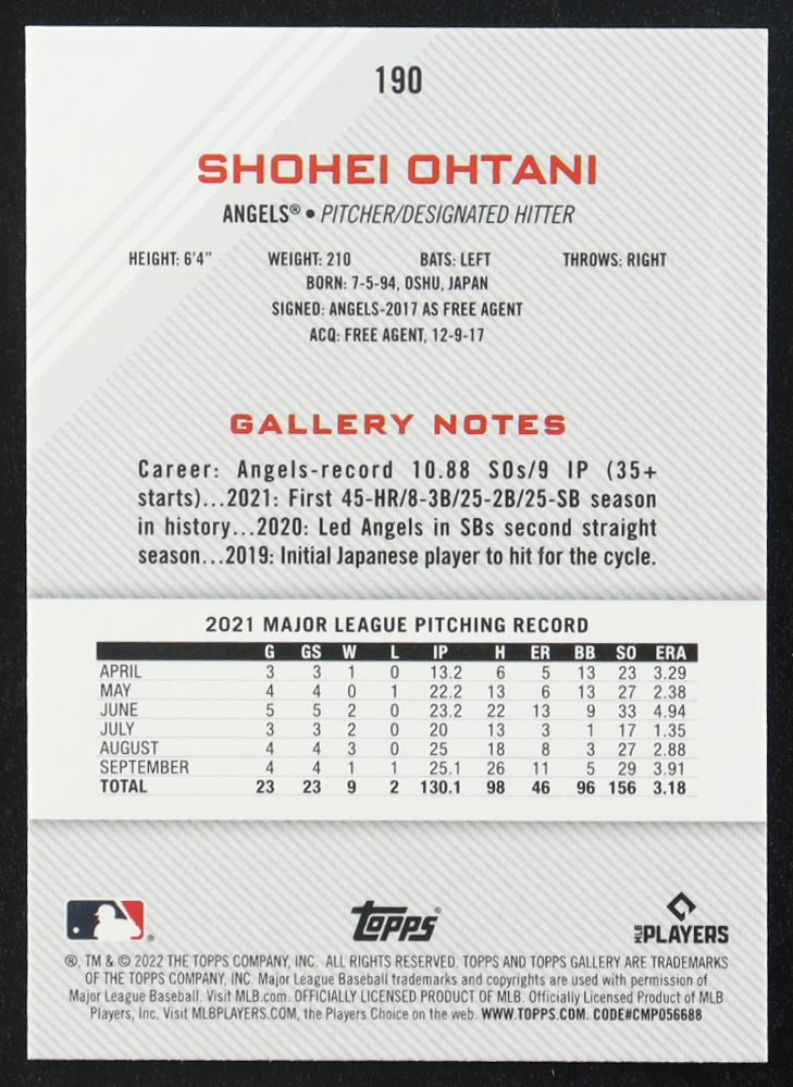 Shohei Ohtani 2022 Topps Gallery Rainbow Foil #190 at PristineAuction.com Shohei Ohtani 2022 Topps Gallery Rainbow Foil #190 at PristineAuction.com