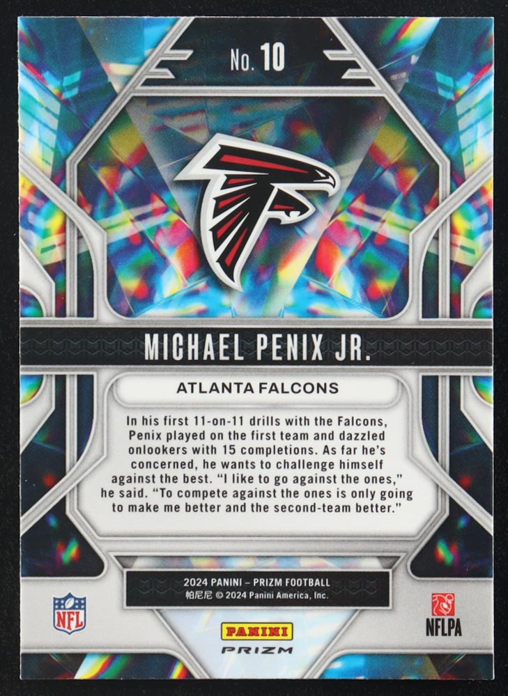 Michael Penix Jr. 2024 Panini Prizm Prizmatic Prizms No Huddle #10 RC at PristineAuction.com Michael Penix Jr. 2024 Panini Prizm Prizmatic Prizms No Huddle #10 RC at PristineAuction.com