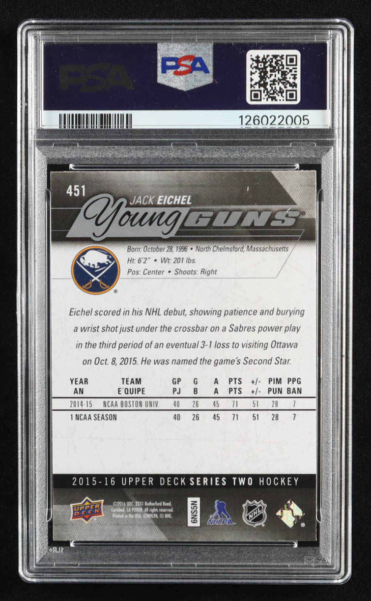 Jack Eichel 2015-16 Upper Deck #451 RC (PSA 7) at PristineAuction.com Jack Eichel 2015-16 Upper Deck #451 RC (PSA 7) at PristineAuction.com