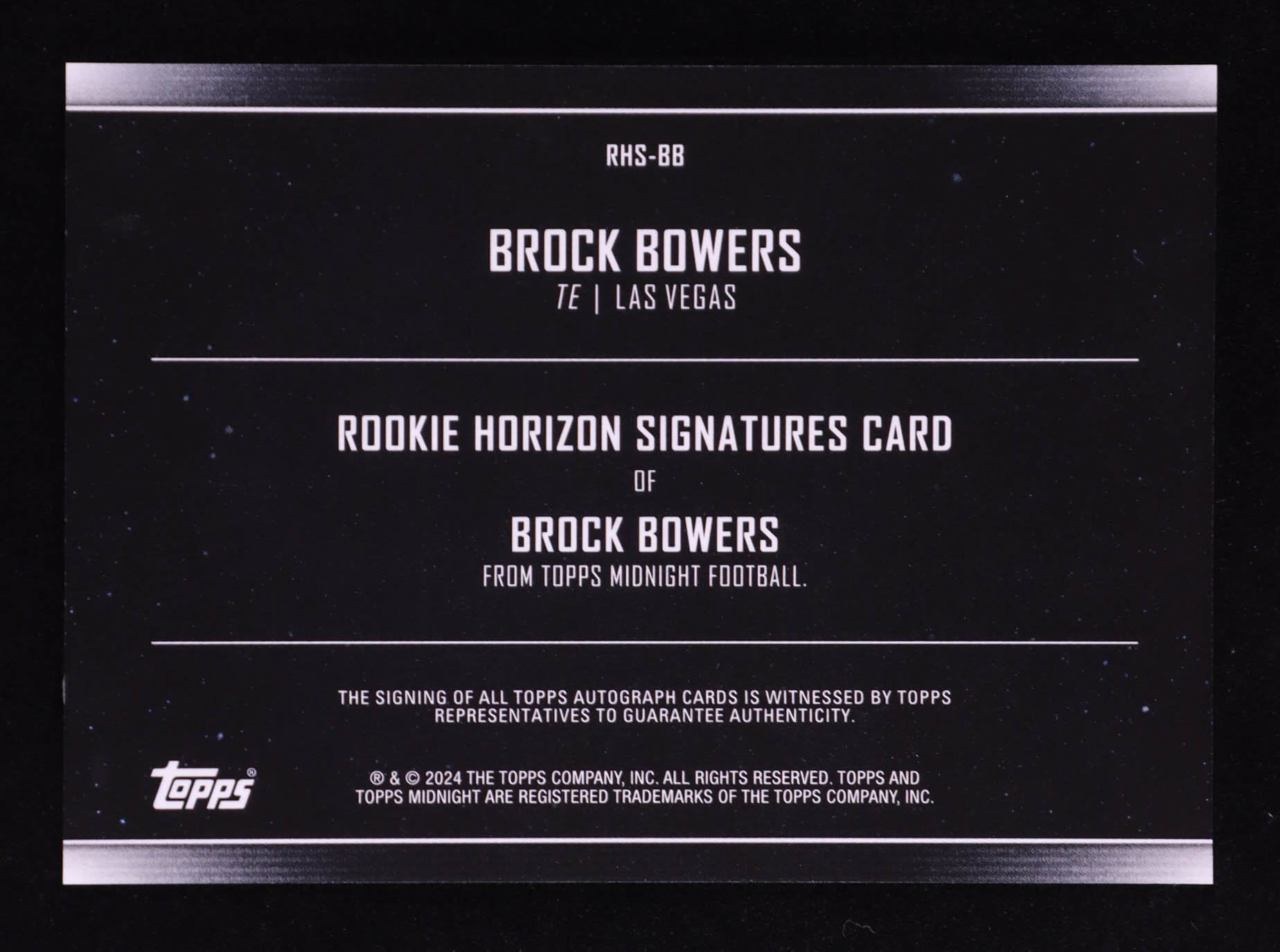 Brock Bowers 2024 Topps Midnight Rookie Horizon Signatures Moon Beam #RHSBB RC at PristineAuction.com Brock Bowers 2024 Topps Midnight Rookie Horizon Signatures Moon Beam #RHSBB RC at PristineAuction.com