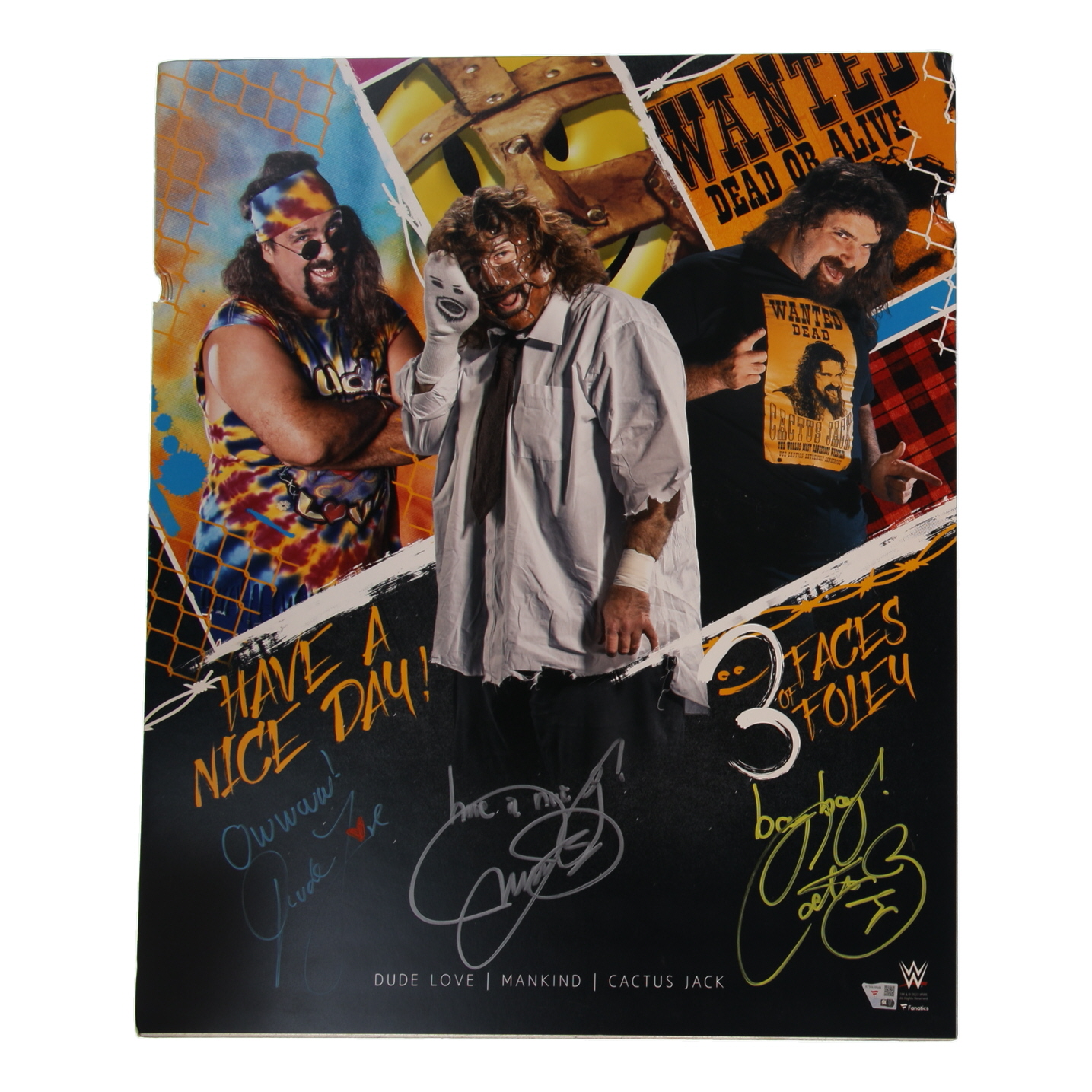 Mick Foley Thrice-Signed WWE 20x24 Photo Board with Multiple Inscriptions (Fanatics) at PristineAuction.com Mick Foley Thrice-Signed WWE 20x24 Photo Board with Multiple Inscriptions (Fanatics) at PristineAuction.com
