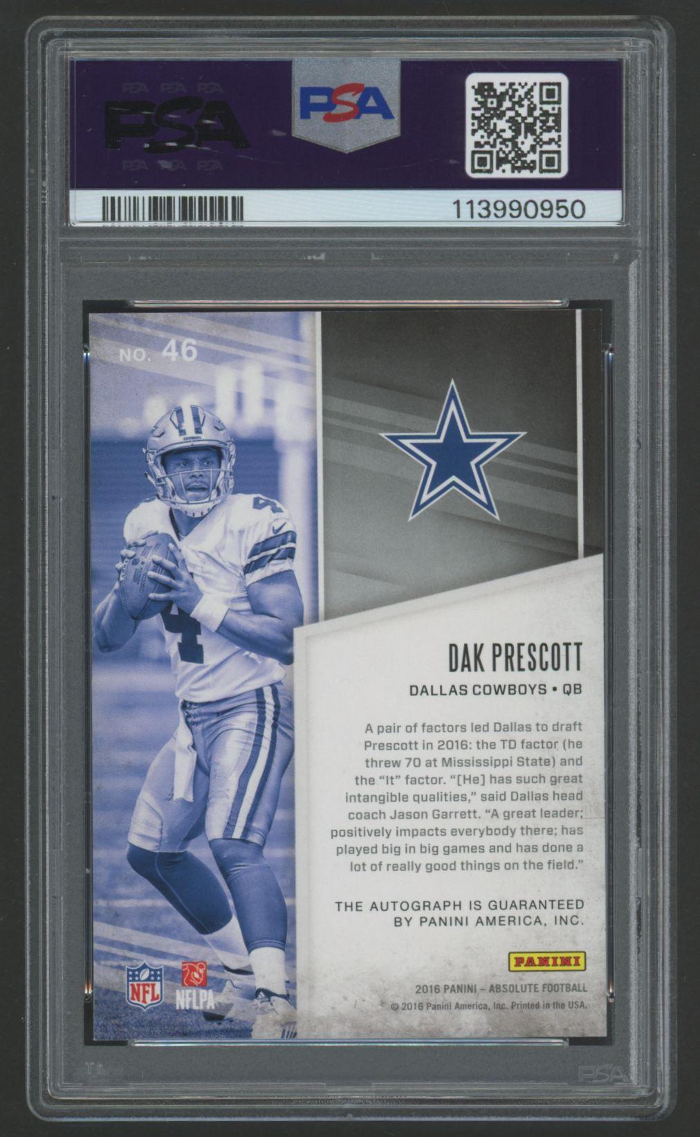 Dak Prescott 2016 Absolute Ink #46 RC #56/99 (PSA 9 | Auto 10) at PristineAuction.com Dak Prescott 2016 Absolute Ink #46 RC #56/99 (PSA 9 | Auto 10) at PristineAuction.com